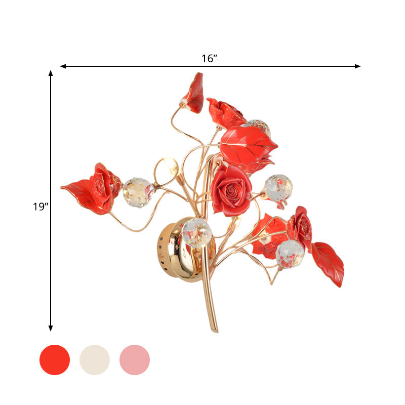 Romantic Red/White/Pink Rose Blossom Sconce With 2 Lights - Ceramic Wall Mount Lamp For Hotels