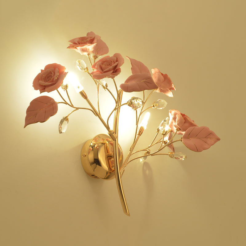 Romantic Red/White/Pink Rose Blossom Sconce With 2 Lights - Ceramic Wall Mount Lamp For Hotels