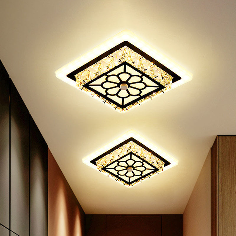 Modern Black Floral Pattern Crystal Led Ceiling Light - Beveled Round/Square Flushmount Lamp For