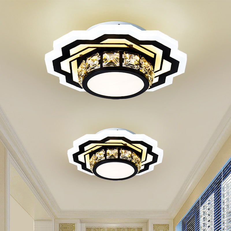 Modern Black Led Crystal Flush Mount Ceiling Light With Gear/Flower Design / A