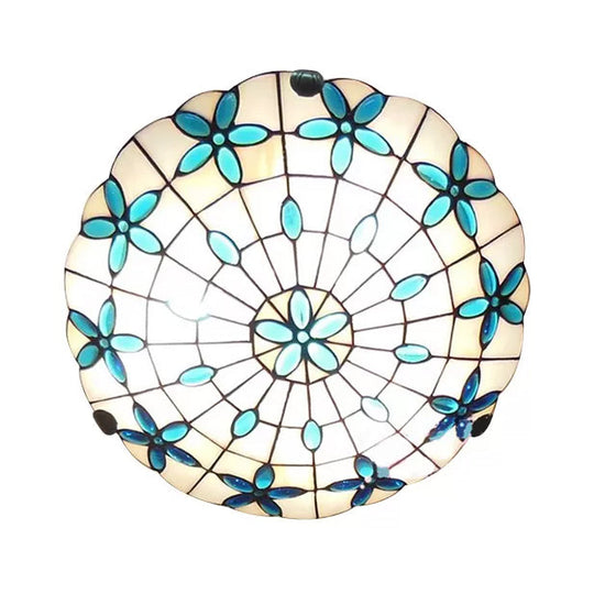 Tiffany Stained Glass Ceiling Light Blue - 3 - Lights Flushmount With Bowl Shade Jewel 5’H X 16’D