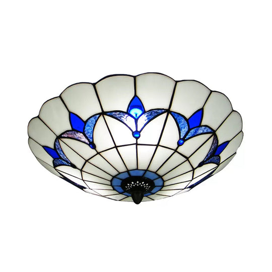 Blue Stained Glass Ceiling Light - Tiffany Style Floral Shade 3-Light Flush Mount For Bedroom