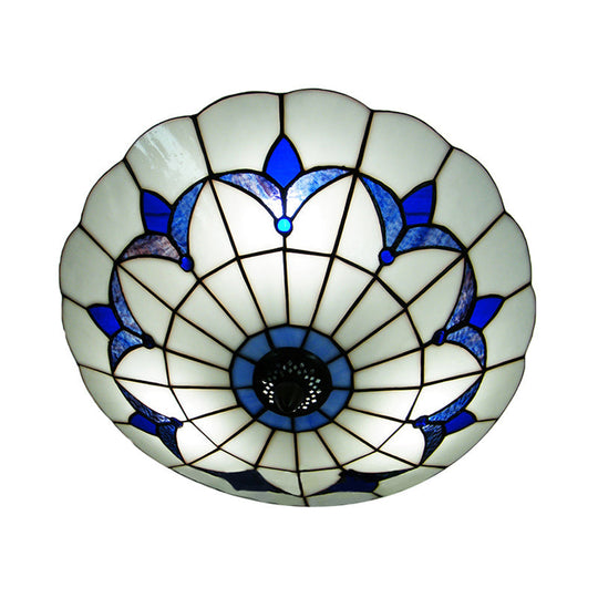 Blue Stained Glass Ceiling Light - Tiffany Style Floral Shade 3 - Light Flush Mount For Bedroom