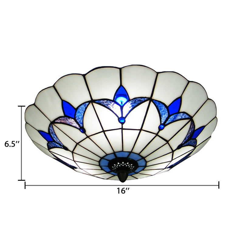 Blue Stained Glass Ceiling Light - Tiffany Style Floral Shade 3 - Light Flush Mount For Bedroom