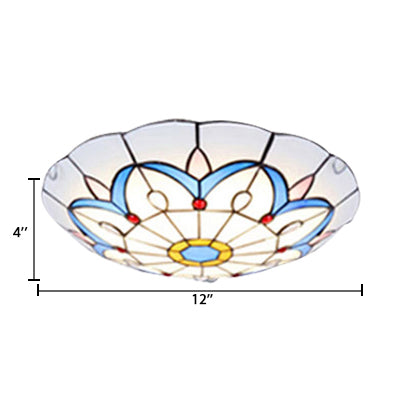 White Tiffany Ceiling Lights - 2 - Light Flush Mount Fixture With Art Glass Floral Shade And Jewel