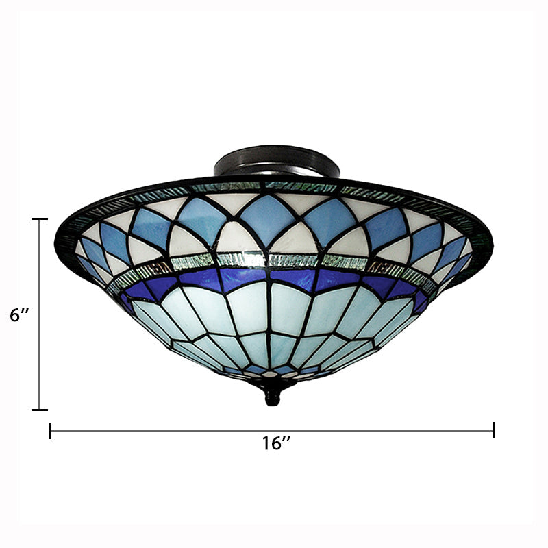 Tiffany Style Stained Glass Semi Flush Light - Blue Ceiling Fixture For Living Room 5’ H X 16’