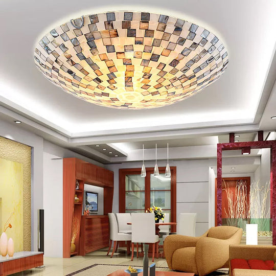 Tiffany Shell Flush Mount Ceiling Light In Beige - 2 Lights Bowl Shade 8 H X 12 Diameter Bedroom