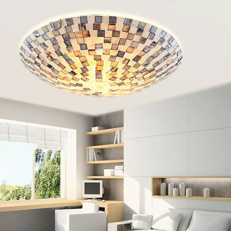 Tiffany Shell Flush Mount Ceiling Light In Beige - 2 Lights Bowl Shade 8 H X 12 Diameter Bedroom