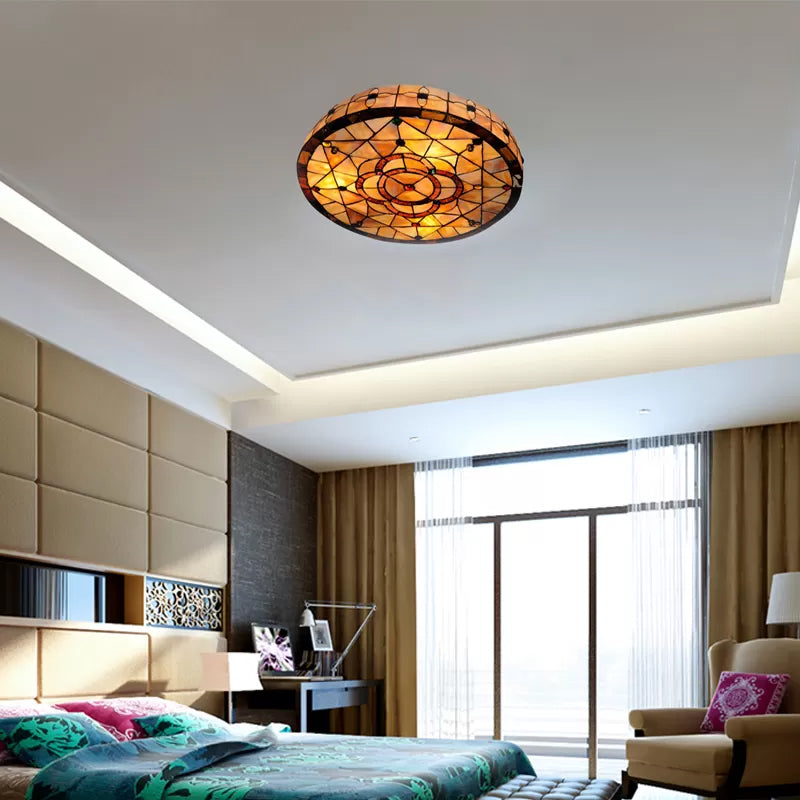 Tiffany Style Stained Glass Ceiling Light Fixture - 3 - Light Drum Shade Flush Mount With Jeweled