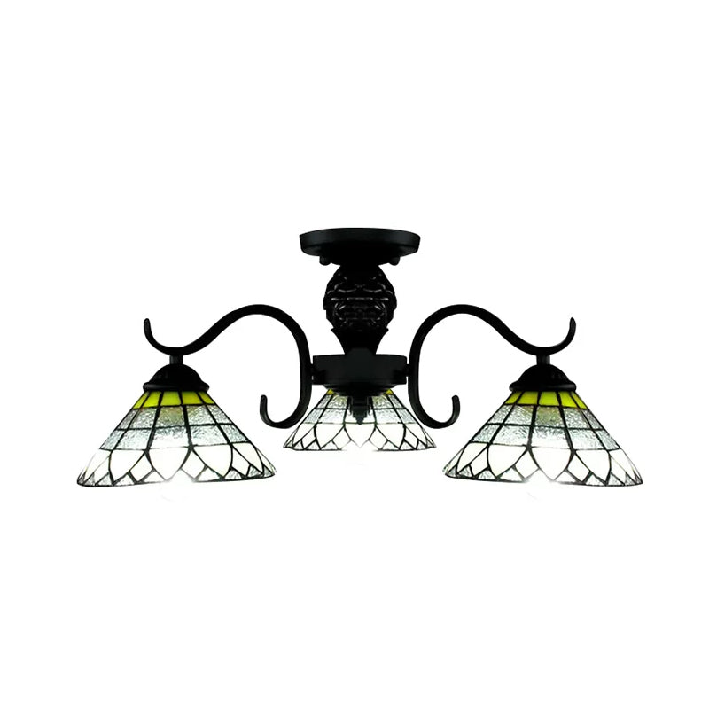 Black Tiffany Style Stained Glass Ceiling Light - 3 - Light Flush Mount For Bedroom