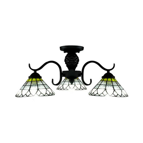Black Tiffany Style Stained Glass Ceiling Light - 3-Light Flush Mount For Bedroom