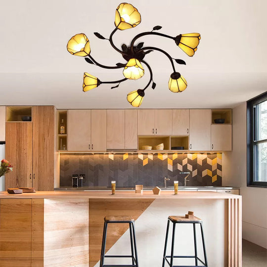 Tiffany Art Glass Semi Flush Mount Ceiling Light 7 - Light Beige Fixture With Floral Shade And Leaf