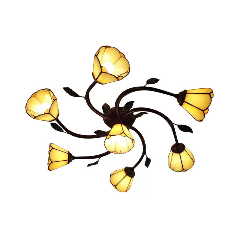 Tiffany Art Glass Semi Flush Mount Ceiling Light 7 - Light Beige Fixture With Floral Shade And Leaf