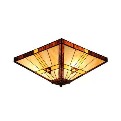 Mission Stained Glass Ceiling Light Fixture - 2 - Lights Small Flush Mount With Pyramid Shade