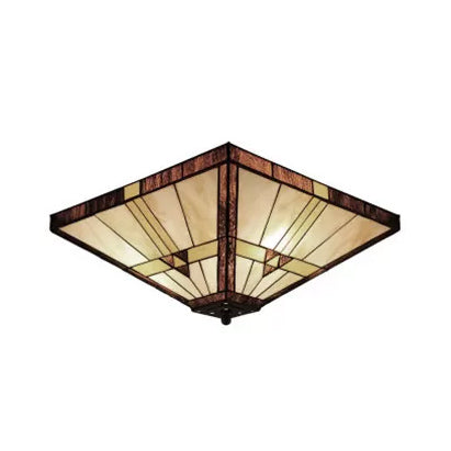 Mission Stained Glass Ceiling Light Fixture - 2-Lights Small Flush Mount With Pyramid Shade Bedroom
