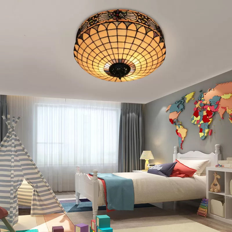 Tiffany Style Stained Glass Ceiling Light 2-Lights Cylinder Flush Mount For Bedroom - 8H X 18D Beige