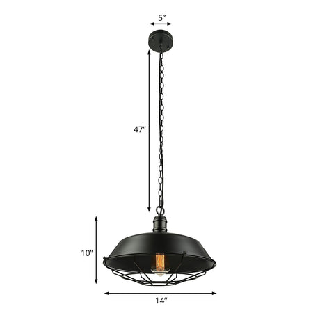 Industrial Wire Cage Pendant Light With Barn Shade - Black