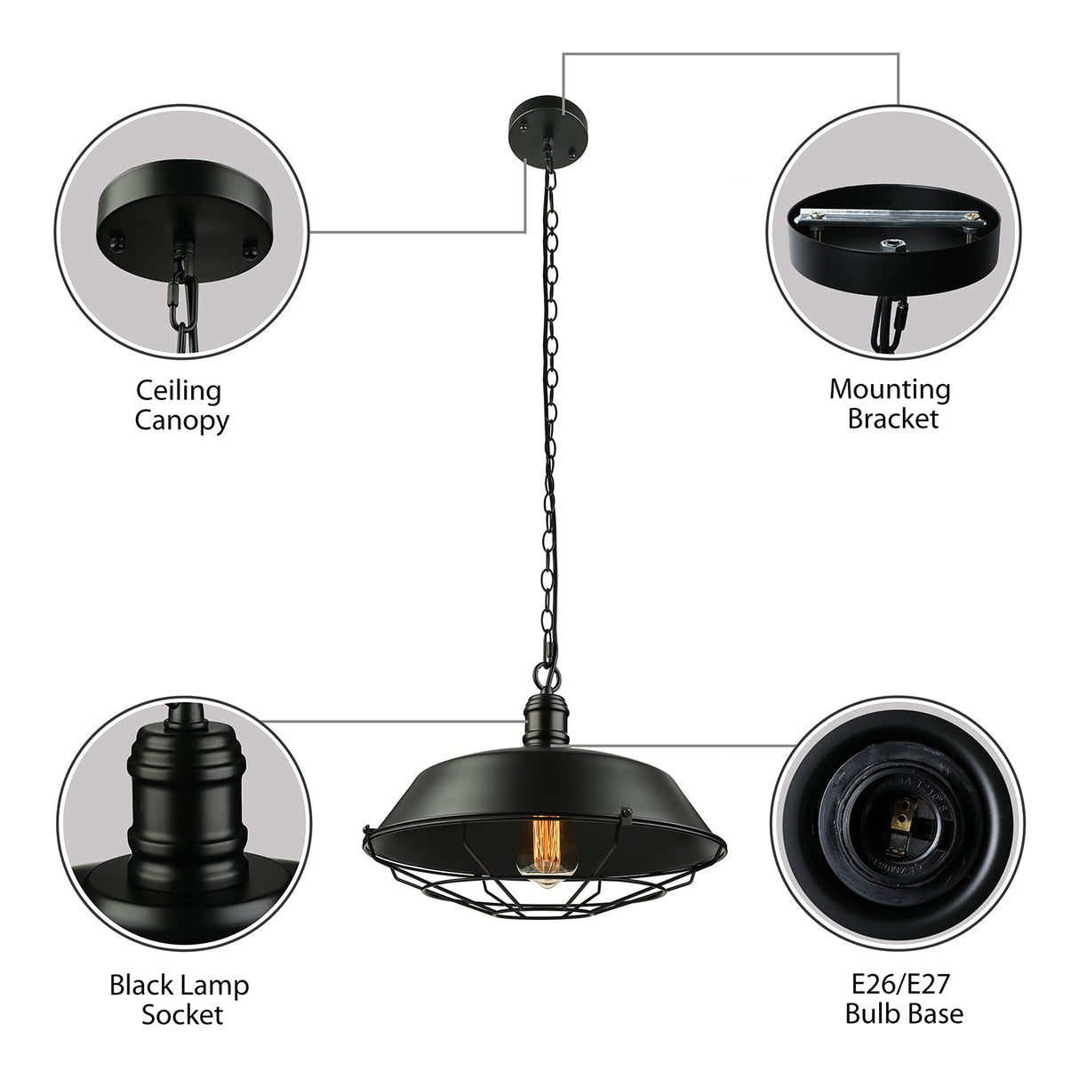 Industrial Wire Cage Pendant Light With Barn Shade - Black