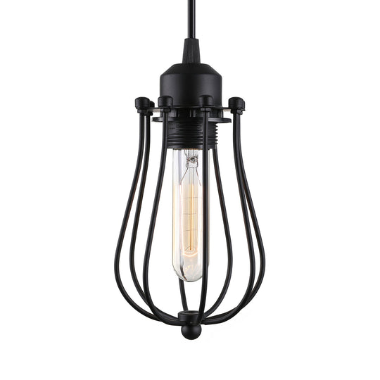 Retro Style 1-Light Pendant Lamp With Metal Cage Shade - Black