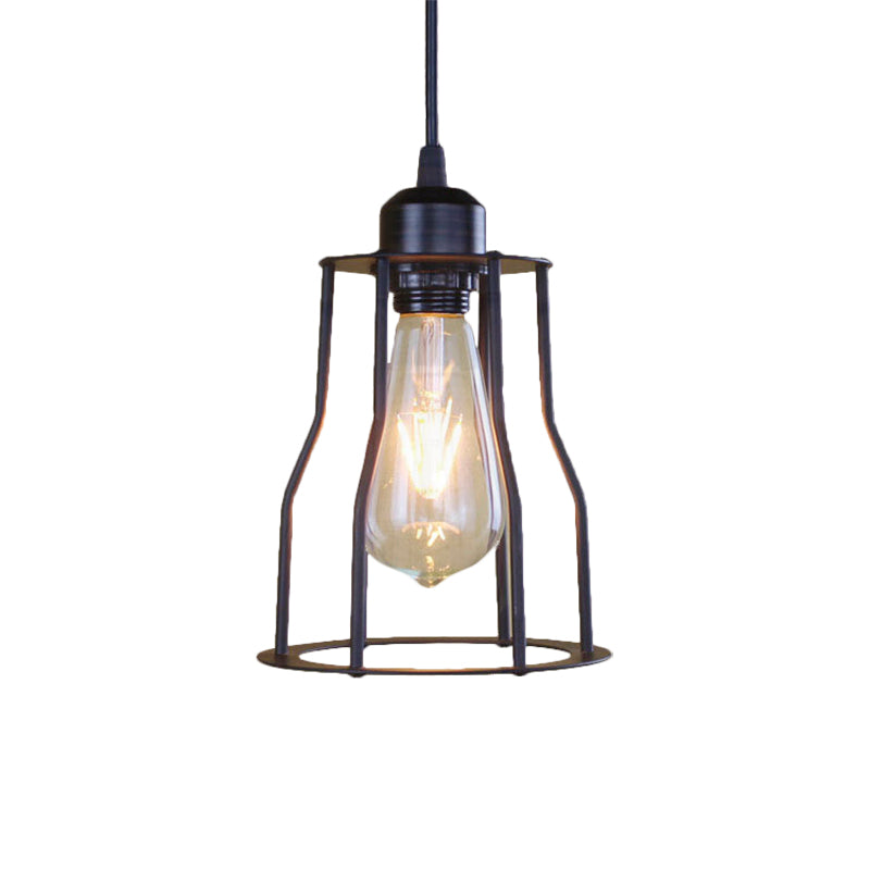 Industrial Style Hanging Ceiling Light With Metal Black Finish Cylinder Shade And Cage