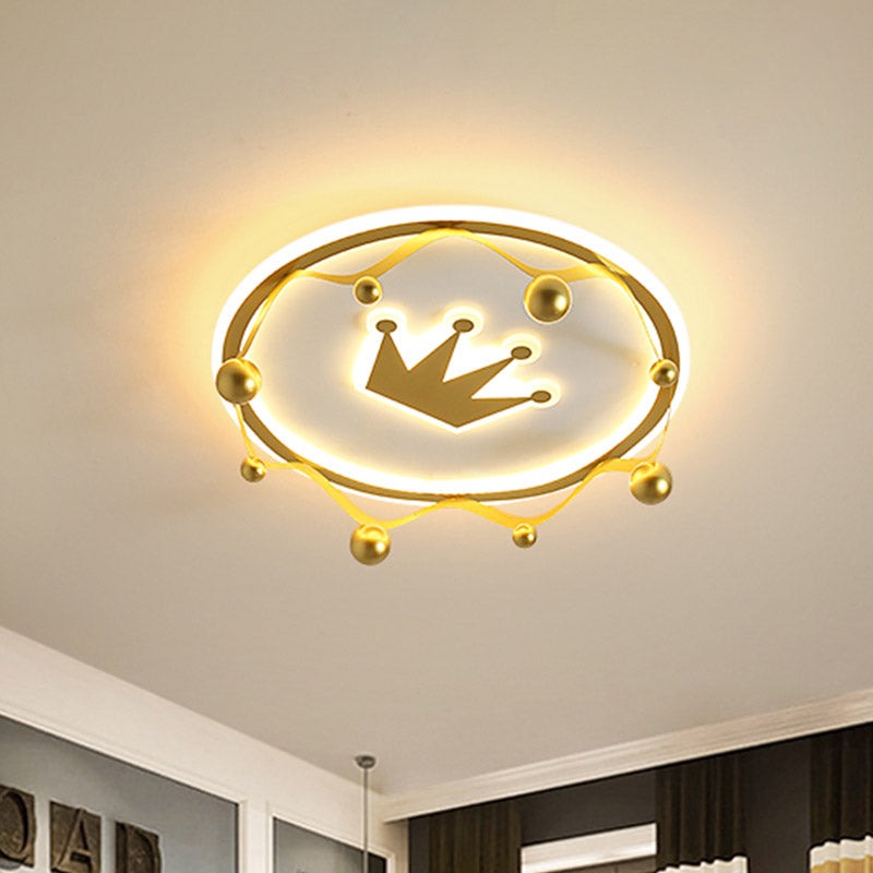 Cartoon Acrylic Led Flush-Mount Ceiling Light With Gold Crown And Ball Finial - Warm/White Lighting