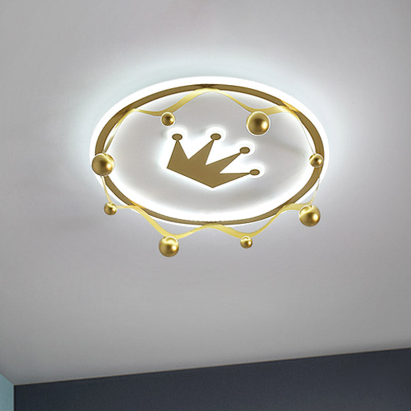 Cartoon Acrylic Led Flush - Mount Ceiling Light With Gold Crown And Ball Finial - Warm/White