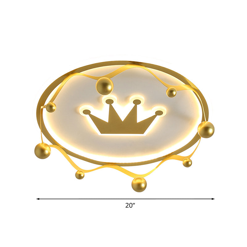Cartoon Acrylic Led Flush - Mount Ceiling Light With Gold Crown And Ball Finial - Warm/White