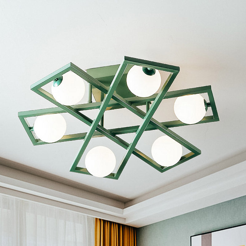 Modern Iron Semi Flush Ceiling Lamp With Globe White Glass Shade - Green 3/4/6 - Head Macaron Design