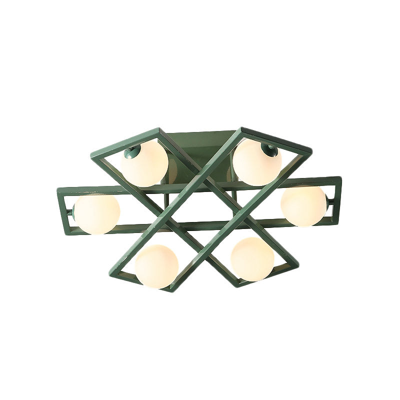 Modern Iron Semi Flush Ceiling Lamp With Globe White Glass Shade - Green 3/4/6 - Head Macaron Design