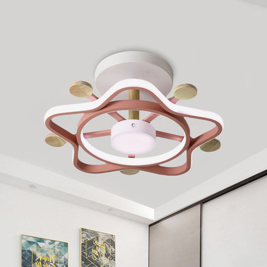 Kids Pink/Blue Wood Pentagram Led Semi Flush Light - Ceiling Lighting For Baby Room In Warm/White