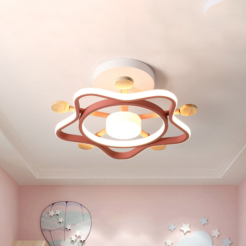 Kid’s Pink/Blue Wood Pentagram Led Semi Flush Light - Ceiling Lighting For Baby Room In Warm/White