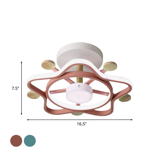 Kids Pink/Blue Wood Pentagram Led Semi Flush Light - Ceiling Lighting For Baby Room In Warm/White