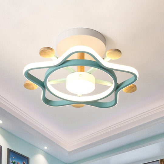 Kids Pink/Blue Wood Pentagram Led Semi Flush Light - Ceiling Lighting For Baby Room In Warm/White