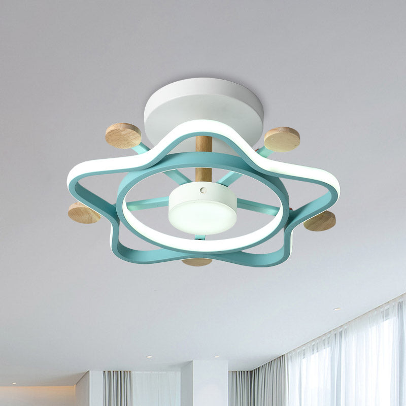 Kids Pink/Blue Wood Pentagram Led Semi Flush Light - Ceiling Lighting For Baby Room In Warm/White