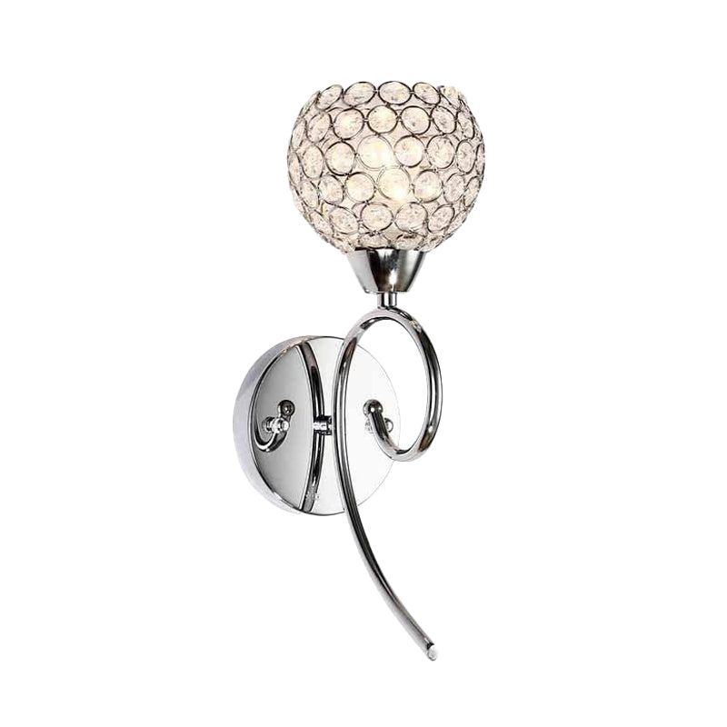 Modern Hemisphere Crystal Wall Lamp With Chrome Scroll Arm Sconce Light