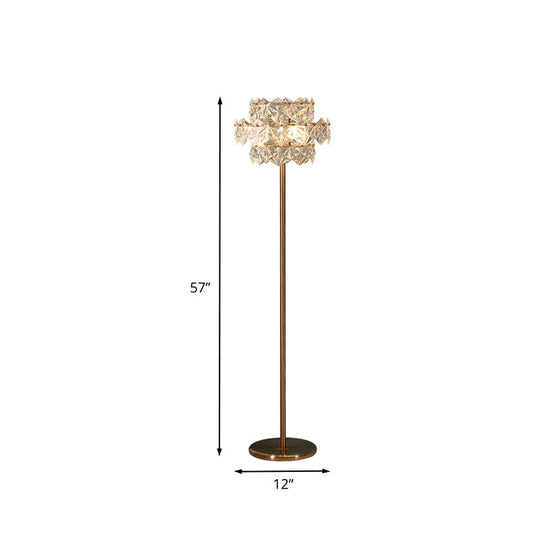 Gold Tiered Hexagon Crystal Floor Lamp - Mid Century 1-Light Stand Up Lighting For Sitting Room