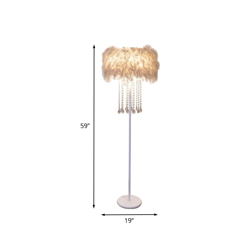 Modernist Feather White Standing Floor Lamp With Crystal Drapes