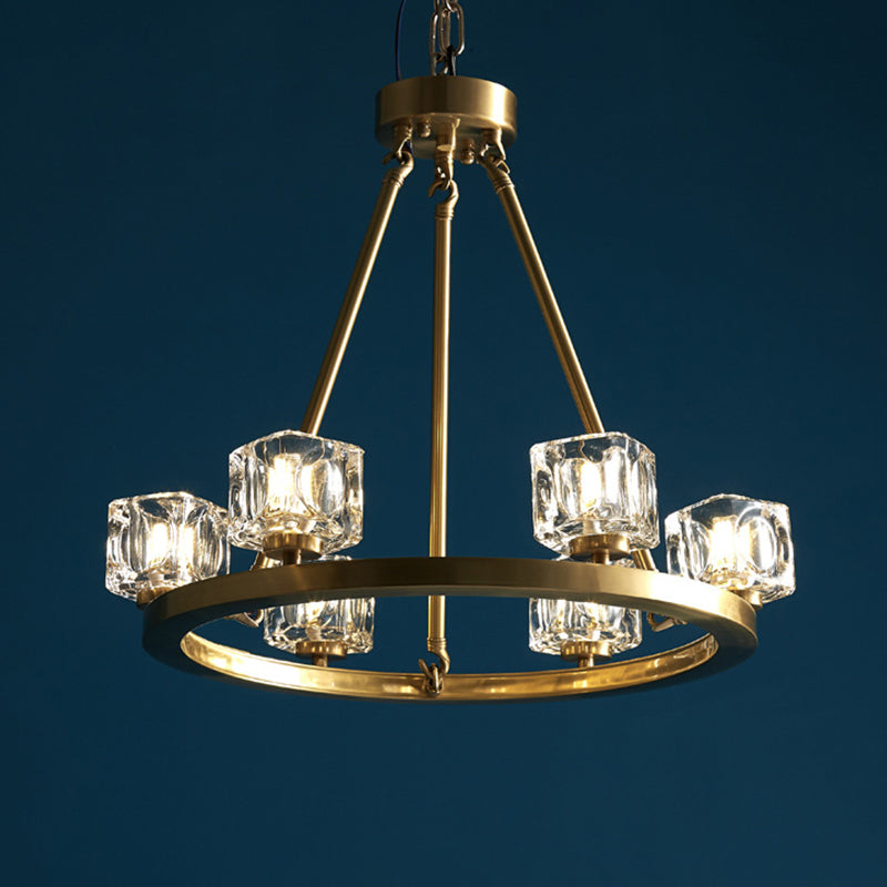 Mid-Century Brass Pendant Light: Ice Cube Crystal Chandelier With 6 Bulbs For Bedroom