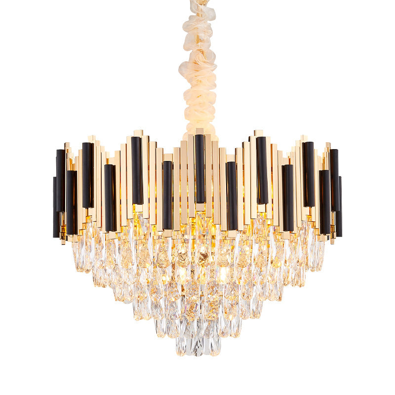 Modern Black-Gold Cone Chandelier With 6 Light Crystal Prisms - Stylish Ceiling Pendant For Living