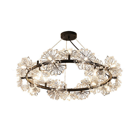Modern Black Crystal Flower Circle Chandelier Pendant Light For Living Room - 15 Heads