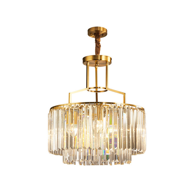 Modern Prismatic Crystal Brass Chandelier – 2-Layer Drum Design With 3 Bulbs Stylish Hanging
