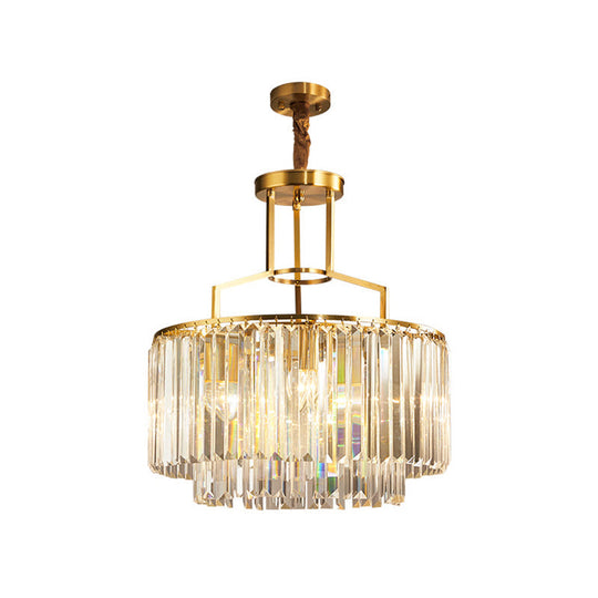 Modern Prismatic Crystal Brass Chandelier – 2-Layer Drum Design With 3 Bulbs Stylish Hanging