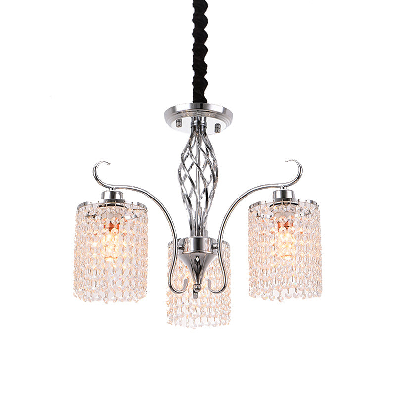 Modern Chrome Cylindrical Chandelier Lamp With Crystal Strand - 3/5-Head Hanging Pendant Light