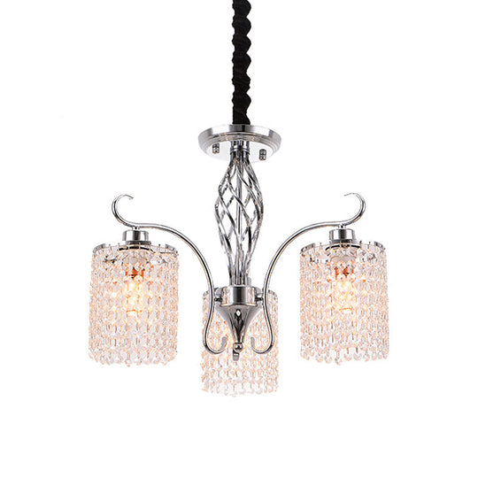 Modern Chrome Cylindrical Chandelier Lamp With Crystal Strand - 3/5-Head Hanging Pendant Light