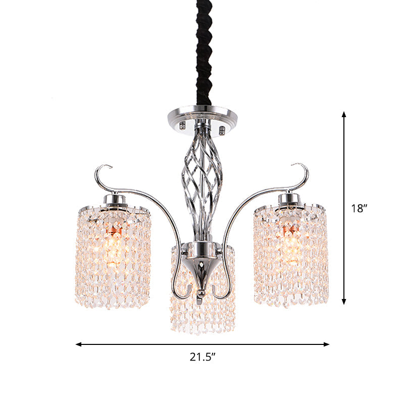 Modern Chrome Cylindrical Chandelier Lamp With Crystal Strand - 3/5-Head Hanging Pendant Light