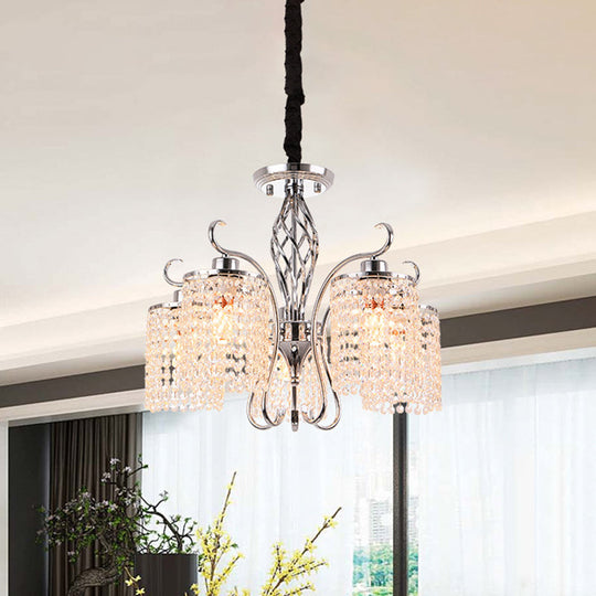 Modern Chrome Cylindrical Chandelier Lamp With Crystal Strand - 3/5-Head Hanging Pendant Light