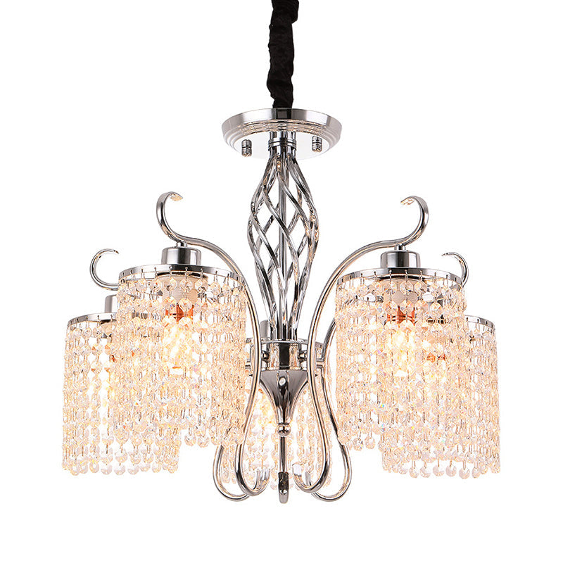 Modern Chrome Cylindrical Chandelier Lamp With Crystal Strand - 3/5-Head Hanging Pendant Light