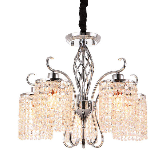 Modern Chrome Cylindrical Chandelier Lamp With Crystal Strand - 3/5-Head Hanging Pendant Light