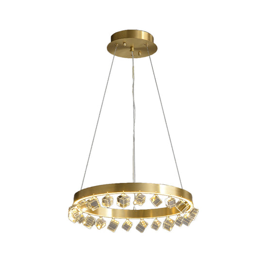 Minimalistic Gold Metal Led Pendant Light With Dangling Crystal Cube For Kitchen Dinette Chandelier