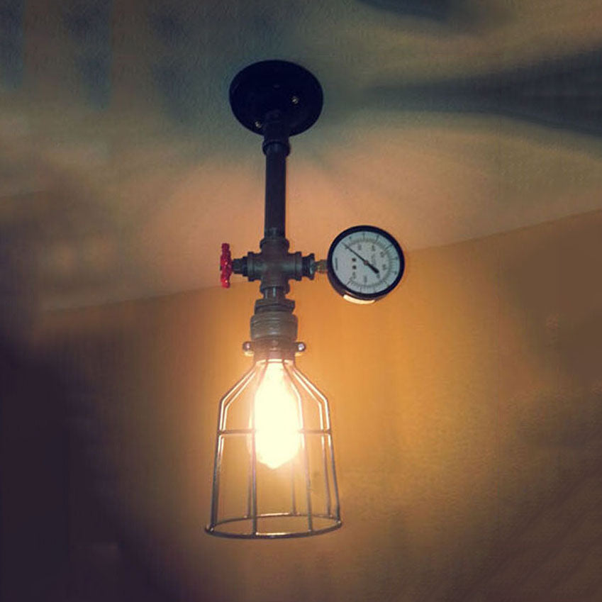 Vintage Style Black Metal Cage Ceiling Light - 1 Tapered Design Semi Flush Mount For Restaurants